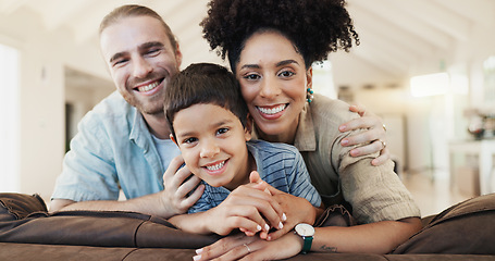 Image showing Face, happy and family in home living room, bonding and having fun together. Smile, children and portrait of parents in lounge with father and African mother enjoying quality time on sofa in house.