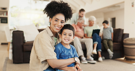 Image showing Face, happy and mother with kid in home living room, bonding and having fun together. Smile, children and portrait of African mom in lounge with care, love and enjoy quality time for family adoption.