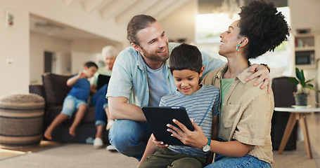 Image showing Tablet, home and happy family parents, kid or people working on e learning, knowledge or helping son with studying. Elearning, remote online education and young child, mother and father bond together