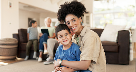 Image showing Face, happy and mother with kid in home living room, bonding and having fun together. Smile, children and portrait of African mom in lounge with care, love and enjoy quality time for family adoption.