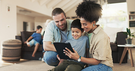 Image showing Tablet, home and happy family parents, kid or people working on e learning, knowledge or helping son with studying. Elearning, remote online education and young child, mother and father bond together