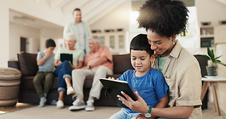 Image showing Family, mother and son with a tablet, home or happiness with movies, search internet or mobile app. Mama, male child or social media with technology, love or website information with a smile or films