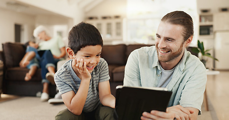 Image showing Tablet, love and happy family father, kid or people working on e learning, knowledge or support son with online school research. Home, youth child or dad bond, laugh or enjoy study, streaming or app