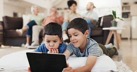 Image showing Home, tablet and relax family children watch video, subscription movie or streaming cartoon film, media or web app. Gaming friends, brothers and kids playing online games, bonding and lying on floor