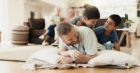 Image showing Funny, playing and father with children on floor in home living room laughing at comedy, joke or humor. Happy, dad and kids having fun, bonding and enjoying family time together in adoption house.