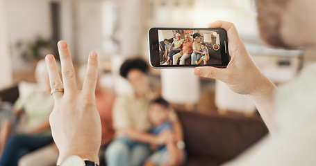 Image showing Phone screen, hand or countdown for family picture, photography and memory photo of home bonding, love and care. Home, smartphone UI or person count for relax grandparents, parents and kids together