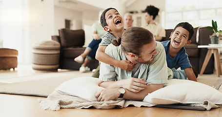 Image showing Funny, playing and father with children on floor in home living room laughing at comedy, joke or humor. Happy, dad and kids having fun, bonding and enjoying family time together in adoption house.