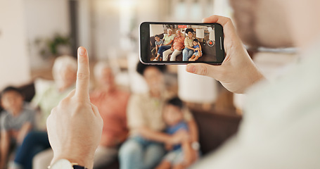 Image showing Phone screen, hand or countdown for family picture, photography and memory photo of home bonding, love and care. Home, smartphone UI or person count for relax grandparents, parents and kids together