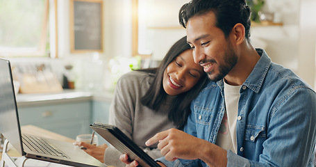 Image showing Home, typing and couple with a tablet, planning a meal and communication with social media, speaking and internet connection. Network, man and woman with technology, marriage and website information