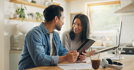 Image showing Kitchen, talking and couple with a tablet, planning a meal and communication with social media, home and internet connection. Network, man or woman with technology, speaking and website information