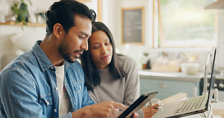 Image showing Kitchen, talking and couple with a tablet, planning a meal and communication with social media, home and internet connection. Network, man or woman with technology, speaking and website information