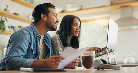 Image showing Home, talking and couple with a laptop, paperwork and communication with investment, financial planning and internet connection. Documents, man and woman with technology, speaking and website info