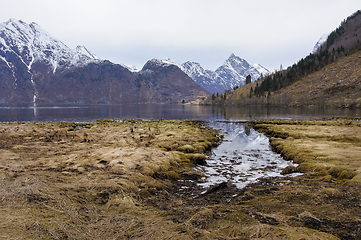 Image showing Alpine scenery with a tranquil fjord, snow-dusted mountains, and early spring foliage.