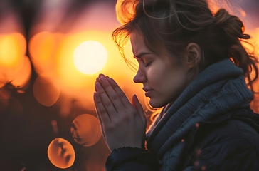 Image showing Woman Praying in Front of the Sun