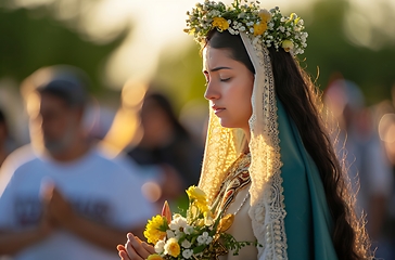 Image showing Woman Wearing Veil, Holding Bouquet of Flowers