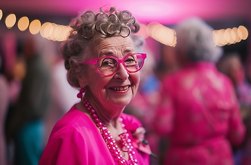 Image showing Smiling Elderly Lady in Pink Glasses Enjoying Party Celebration