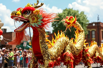 Image showing Golden dragon procession in daylight