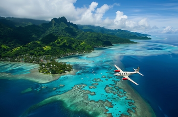 Image showing Tropical island aerial view with airplane