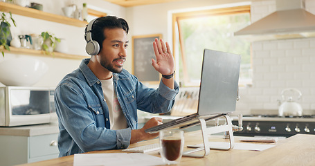 Image showing Remote work from home, talking and man with a laptop, video call or social media with online meeting. Male person, entrepreneur or employee with a pc, conversation or webinar with internet connection