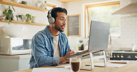 Image showing Remote work from home, talking and man with a laptop, video call or social media with online meeting. Male person, entrepreneur or employee with a pc, conversation or webinar with internet connection