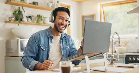 Image showing Remote work from home, talking and man with a laptop, video call or social media with online meeting. Male person, entrepreneur or employee with a pc, conversation or webinar with internet connection