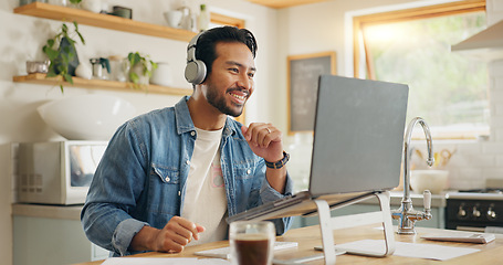 Image showing Remote work from home, talking and man with a laptop, video call or social media with online meeting. Male person, entrepreneur or employee with a pc, conversation or webinar with internet connection