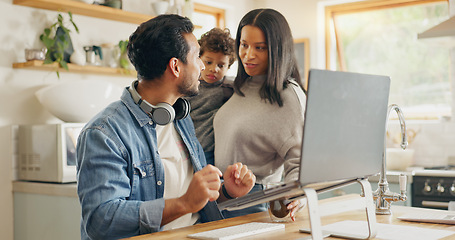 Image showing Kitchen, speaking and parents with a laptop, child and communication with internet connection, funny and chatting. Network, mother and father with technology, male child and conversation with humor