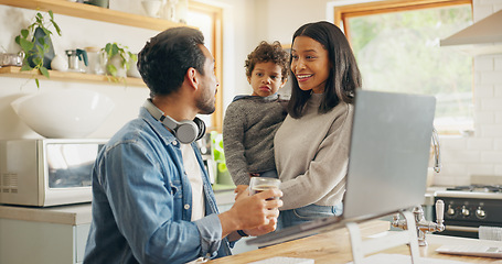 Image showing Kitchen, speaking and parents with a laptop, child and communication with internet connection, funny and chatting. Network, mother and father with technology, male child and conversation with humor