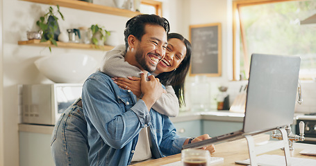 Image showing Kitchen, hug and couple with a tablet, love and internet connection with social media, home and speaking. Network, man and woman with a pc, talking and website information with romance and happiness