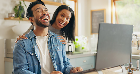 Image showing Kitchen, hug and couple with a tablet, love and internet connection with social media, home and speaking. Network, man and woman with a pc, talking and website information with romance and happiness