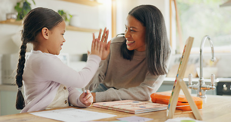 Image showing Learning, high five and mother with girl for home education, language success, support and love, hug and teaching. Helping, yes and happy family, mom and child for school writing and drawing on paper