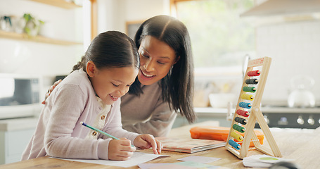 Image showing Homework, mother and girl with education, teaching and conversation with support, help and knowledge. Female child writing, student or mama with a kid, kitchen and learning with growth or development