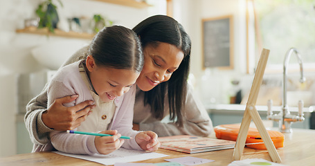 Image showing Homework, mother and girl with education, teaching and conversation with support, help and knowledge. Female child writing, student or mama with a kid, kitchen and learning with growth or development