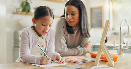 Image showing Homework, mother and girl with education, teaching and conversation with support, help and knowledge. Female child writing, student or mama with a kid, kitchen and learning with growth or development