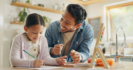 Image showing Writing, learning and family, father and child in kitchen for home education, language development and support. Helping, teaching and happy people, dad and girl or kid with school creativity on paper