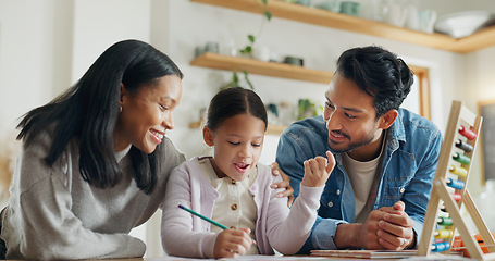 Image showing High five, girl with parents and support with learning in house with card, game or mom and dad helping with homework together in home. Child, family and development of education with math games