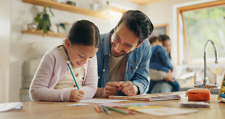 Image showing Writing, learning and family, father and child in kitchen for home education, language development and support. Helping, teaching and happy people, dad and girl or kid with school creativity on paper