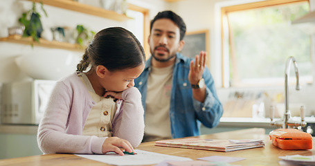 Image showing Angry dad with crying child, homework and scolding in kitchen, helping to study with conflict. Learning, teaching and frustrated father with sad daughter for discipline, education and problem in home