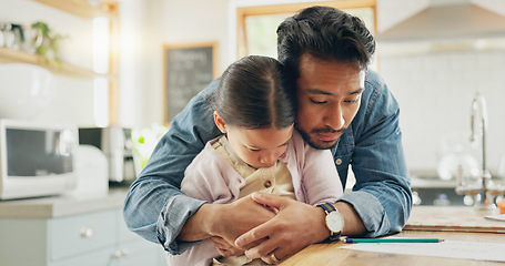 Image showing Care, advice and father with girl for support with hug for upset youth with communication in home. Parent, talking and kid who is sad in kitchen with love or discipline with comfort for young person.