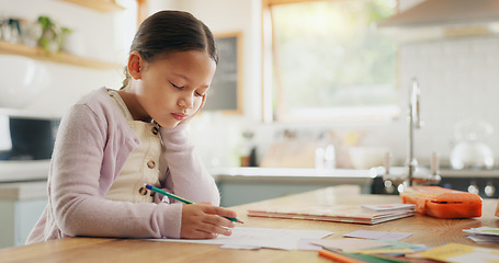 Image showing Tired, yawn and child with homework in kitchen, bored and doing project for education. Fatigue, morning or young girl with adhd yawning while drawing, learning writing or school knowledge in a house