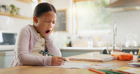 Image showing Tired, yawn and child with homework in kitchen, bored and doing project for education. Fatigue, morning or young girl with adhd yawning while drawing, learning writing or school knowledge in a house