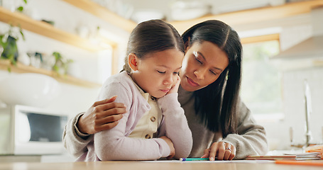 Image showing Homework, help and mother with girl in a kitchen for education, studying and remote learning project. Study, knowledge and mom with kid and book for reading, child development or homeschool lesson
