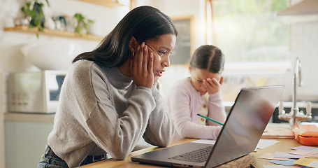 Image showing Homework, stress and laptop for mother and girl with headache, anxiety and adhd homeschool fail in a kitchen. Education, pressure and mom with migraine and sad kid or online glitch in remote learning