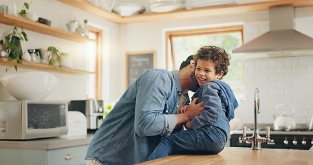 Image showing High five, dad and kid playing in the kitchen or happy moment, memory or quality time together in family home or house. Bonding, game and father being silly, funny or crazy with son, boy or children