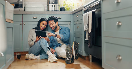 Image showing New house, renovation and couple with digital tablet on a kitchen floor for idea, search or inspiration. Real estate, property and man with woman online for creative, planning and interior design