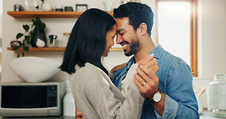 Image showing Couple, dancing and kitchen with love for bonding and quality time in home. Romance, marriage and man or woman with movement for care with calm to celebrate happy relationship for partnership.