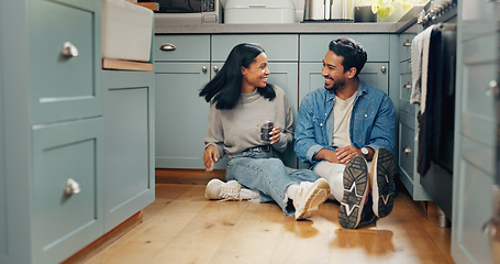 Image showing New home, renovation and couple with digital tablet on a kitchen floor for idea, search or inspiration. Real estate, property and man with woman online for creative, planning and interior design