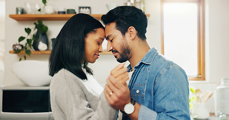 Image showing Couple, dancing and kitchen with love for bonding and quality time in home. Romance, marriage and man or woman with movement for care with calm to celebrate happy relationship for partnership.