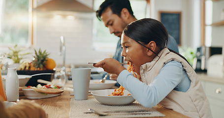 Image showing Food, family and prayer, hungry girl with parents at home and nutrition with excited child. Happiness, bonding and man, woman and kid in kitchen eating together, faith and gratitude with help