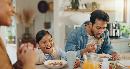 Image showing Happy, family and lunch with juice at a table, hungry and a child excited for a drink. Smile, interracial and a mother, father and girl kid eating and enjoying dinner or breakfast together in a home